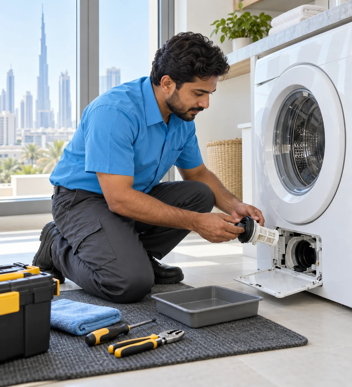 Technician inspecting a washing machine pump filter