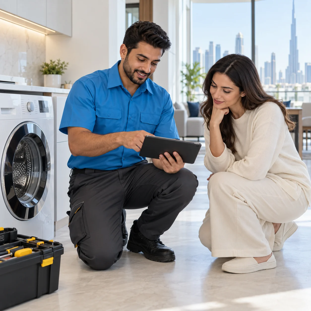 Technician explaining service details to a customer